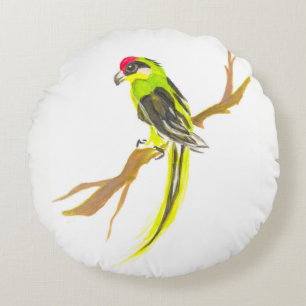Parrot on a branch. Watercolor painting. Round Cushion