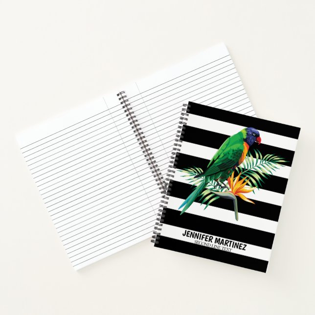 Parrot On Black And White Stripes Notebook (Inside)