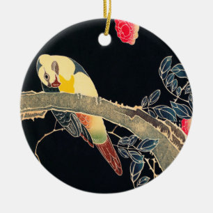 Parrot on the Branch of a Flowering Rose Bush Ceramic Tree Decoration
