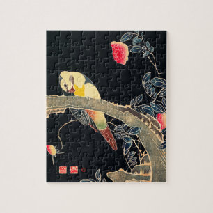 Parrot on the Branch of a Flowering Rose Bush Jigsaw Puzzle