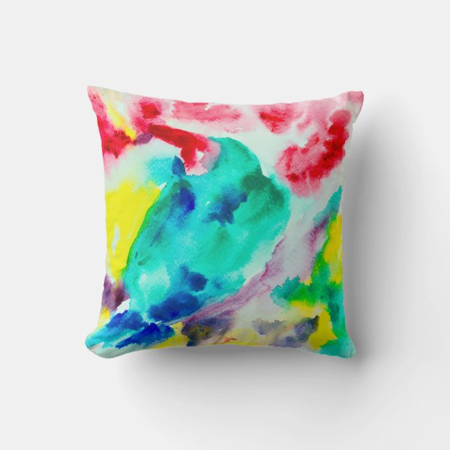 parrot on tree, bird Abstract Bright Watercolor gr Cushion (Front)