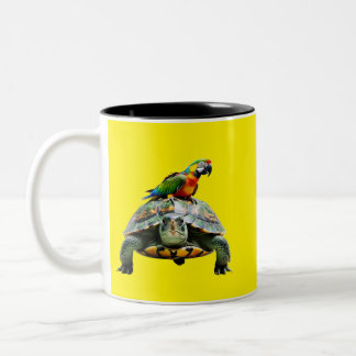 parrot on turtle Two-Tone coffee mug