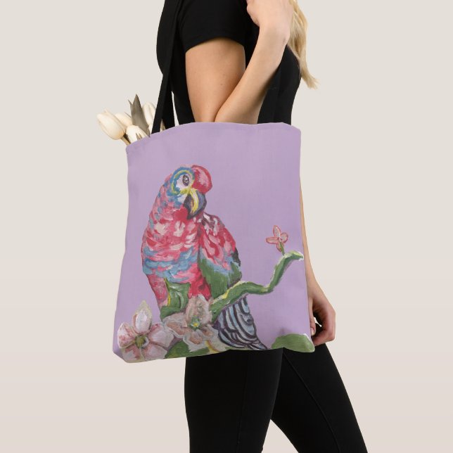Parrot Painting Purple Tote Bag (Close Up)