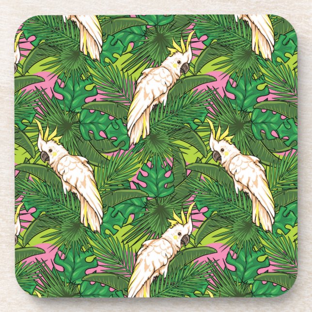 Parrot Pattern With Palm Leaves Coaster (Front)