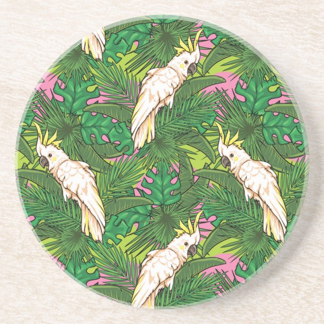 Parrot Pattern With Palm Leaves Coaster (Front)