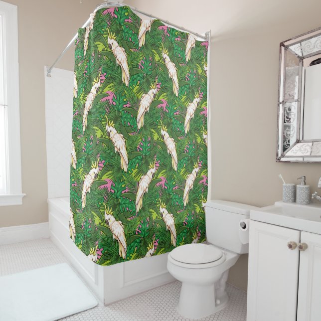 Parrot Pattern With Palm Leaves Shower Curtain (In Situ)
