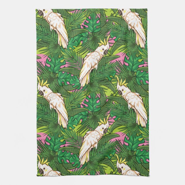 Parrot Pattern With Palm Leaves Tea Towel (Vertical)