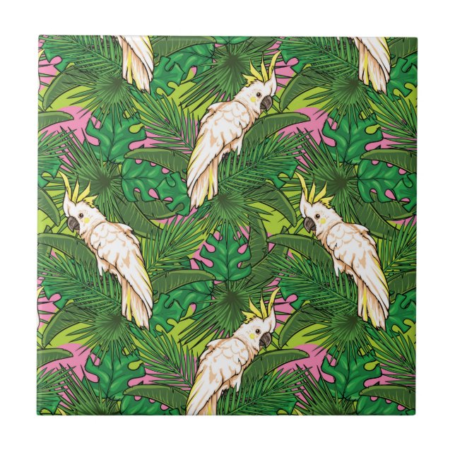 Parrot Pattern With Palm Leaves Tile (Front)