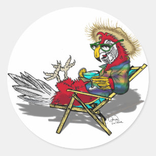 Parrot Relaxing in Beach Chair Classic Round Sticker