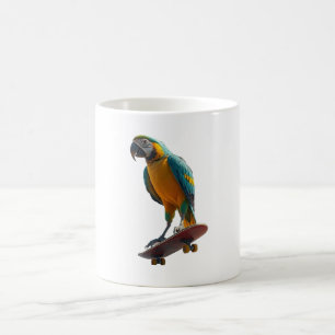 parrot riding a skateboard in an urban coffee mug
