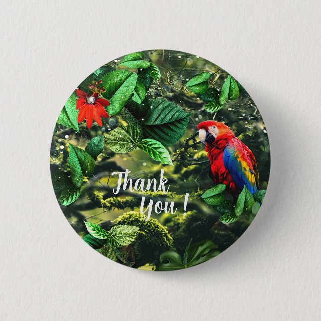 Parrot scarlet macaw in jungle with flowers 6 cm round badge (Front)