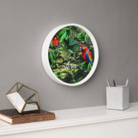 Parrot scarlet macaw in jungle with flowers