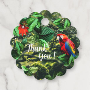 Parrot scarlet macaw in jungle with flowers favour tags