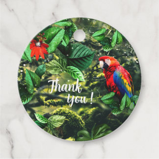 Parrot scarlet macaw in jungle with flowers favour tags