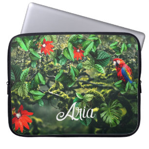 Parrot scarlet macaw in jungle with flowers laptop sleeve