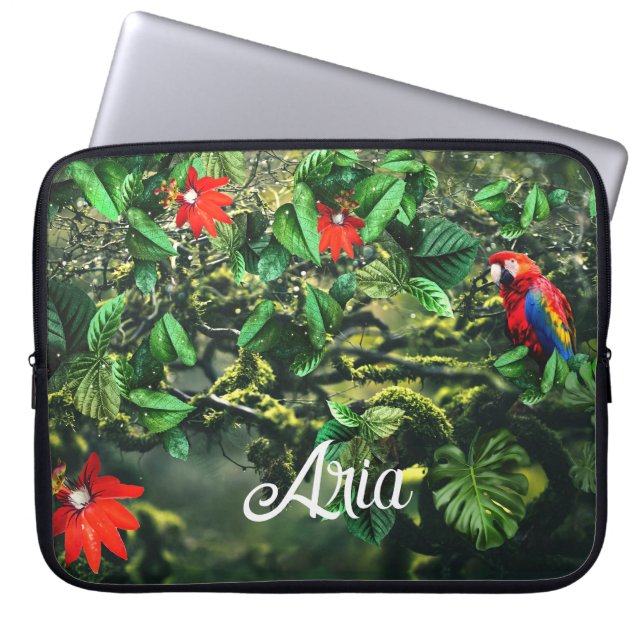 Parrot scarlet macaw in jungle with flowers laptop sleeve (Front)
