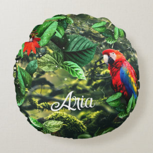 Parrot scarlet macaw in jungle with flowers round cushion