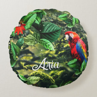 Parrot scarlet macaw in jungle with flowers round cushion