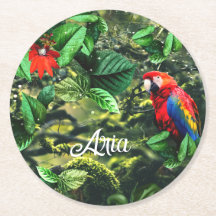 Parrot scarlet macaw in jungle with flowers