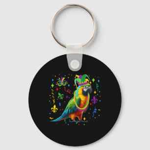 Parrot Wearing Mardi Gras Beads Jester Hat Masked  Key Ring