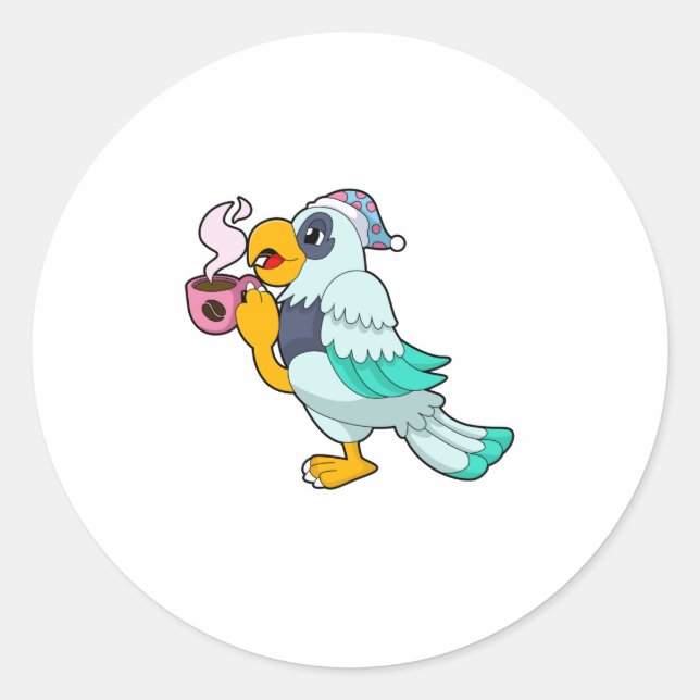 Parrot with Cup of Coffee Classic Round Sticker (Front)