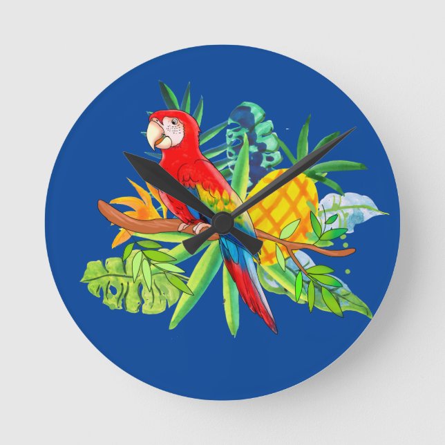 parrot with tropical plants bandanna round clock (Front)