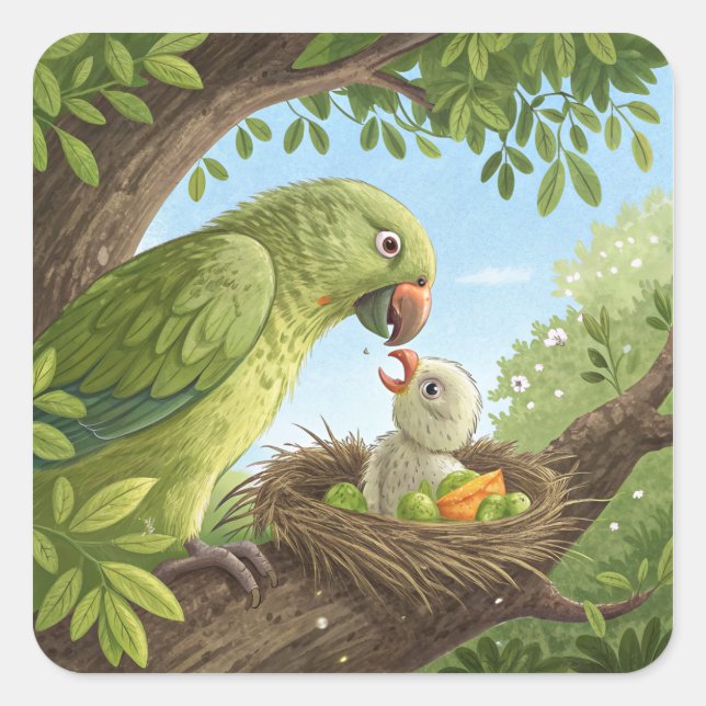 Parrot With Young Square Sticker (Front)
