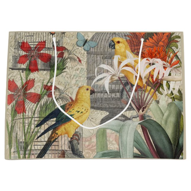 Parrot Yellow Tropical Antique Flower  Large Gift Bag (Front)
