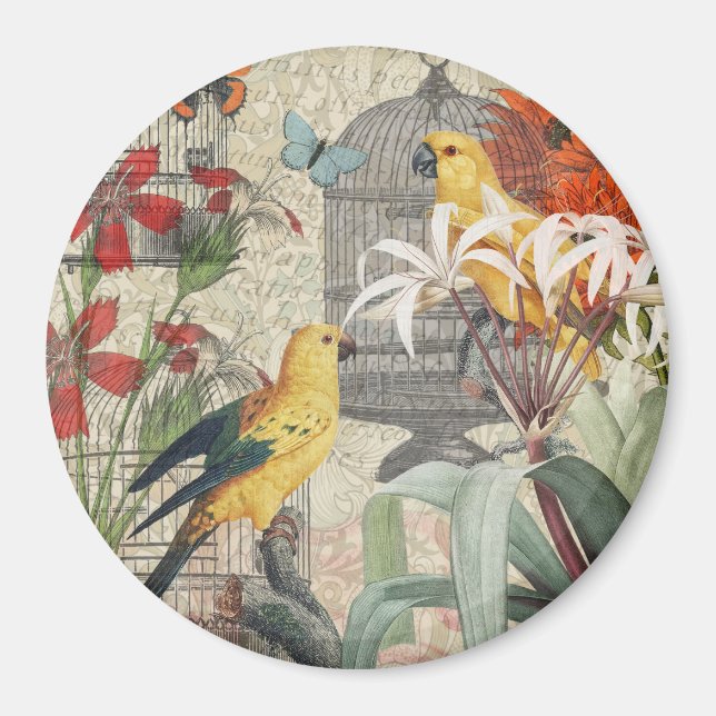 Parrot Yellow Tropical Antique Flower  Magnet (Front)