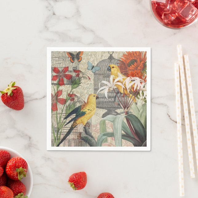 Parrot Yellow Tropical Antique Flower  Napkin (Insitu)
