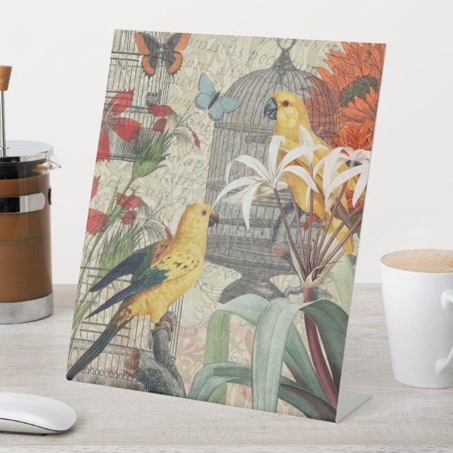 Parrot Yellow Tropical Antique Flower  Pedestal Sign (In SItu)