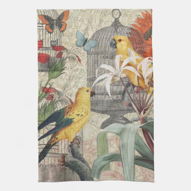 Parrot Yellow Tropical Antique Flower  Tea Towel (Vertical)