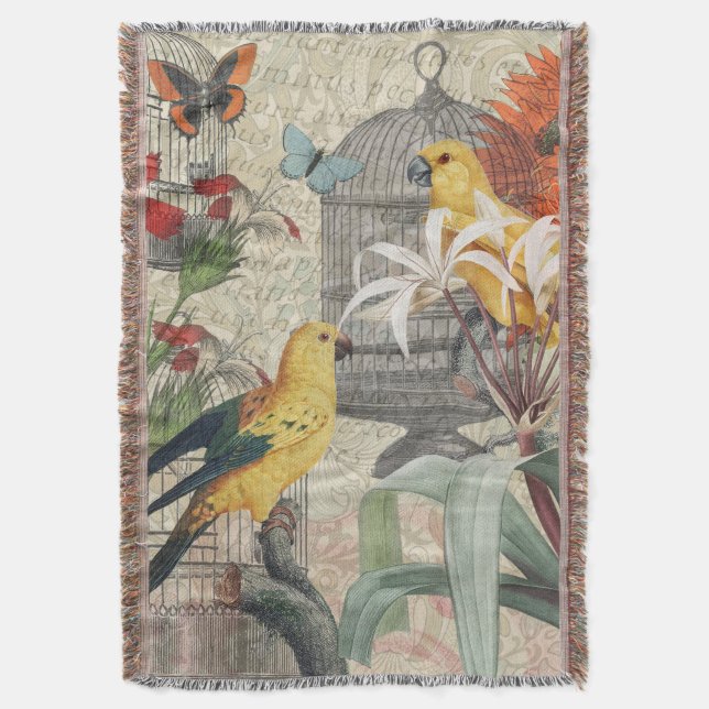 Parrot Yellow Tropical Antique Flower  Throw Blanket (Front Vertical)