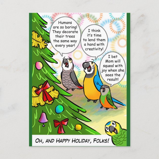 Parrots and Christmas tree Holiday Postcard (Front)