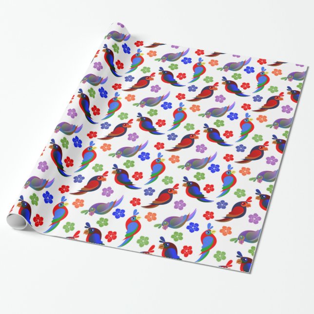 Parrots and Flowers Wrapping Paper (Unrolled)