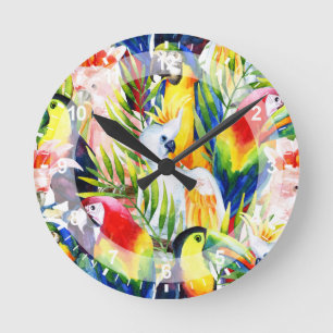 Parrots And Palm Leaves Round Clock