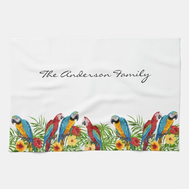 Parrots birds blue green leaves family name tea towel (Horizontal)