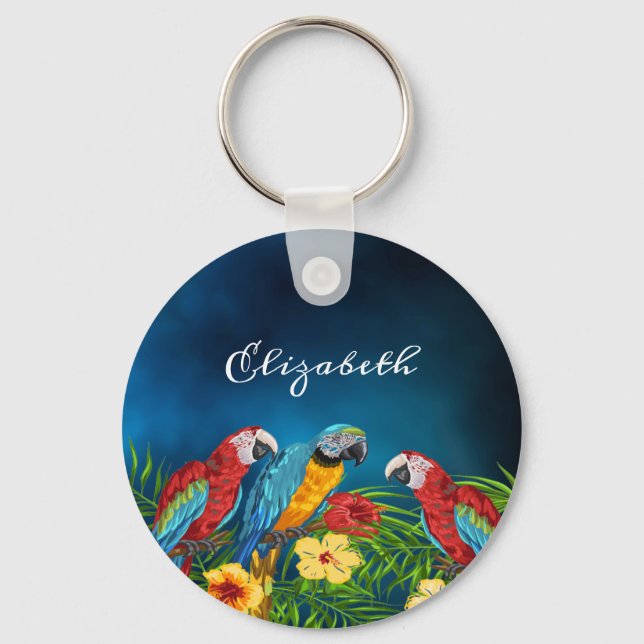 Parrots birds blue sky palm leaves name key ring (Front)
