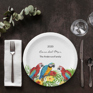 Parrots birds tropical bouse name paper plate