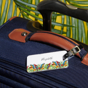 Parrots birds white red blue tropical luggage tag