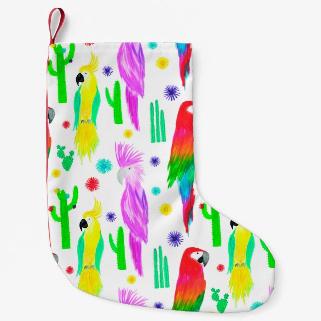 Parrots colourful seamless hand drawn pattern small christmas stocking (Front)