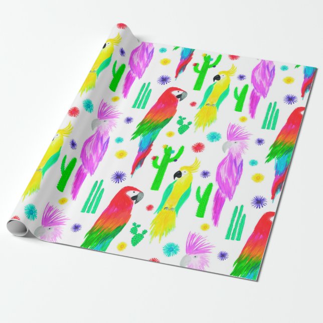 Parrots colourful seamless hand drawn pattern wrapping paper (Unrolled)