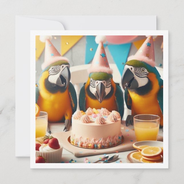 Parrots eating birthday cake, bird birthday  invitation (Front)