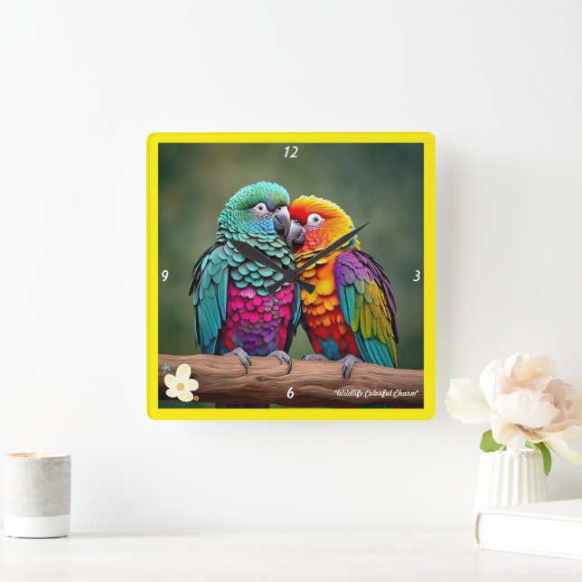 "Parrot's Feathered Charm" Square Wall Clock (Home)