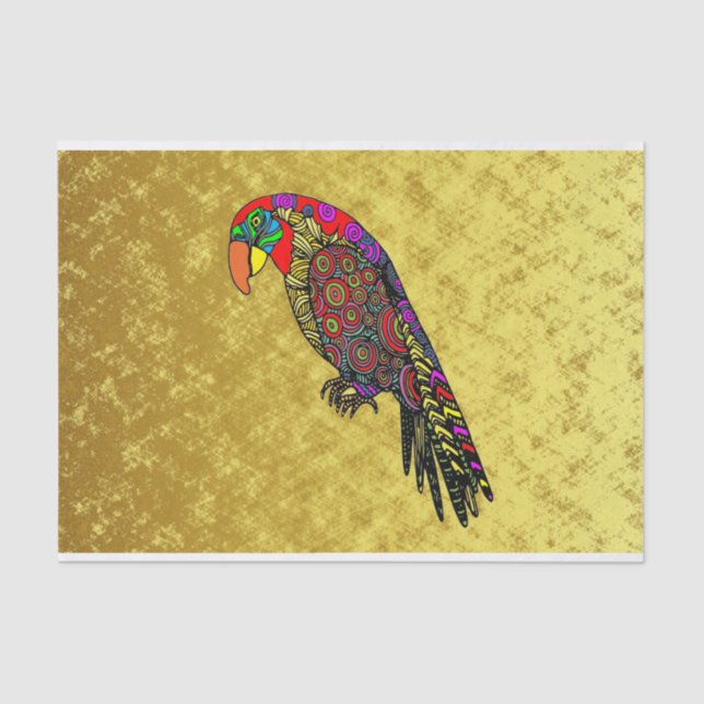 Parrots in yellow red green blue gold tissue paper (Front)