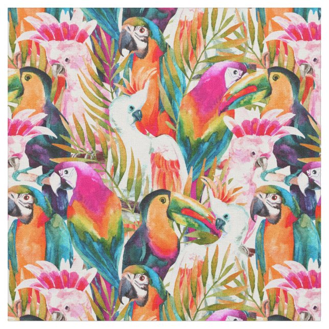 Parrots & Palm Leaves Fabric (Close Up)