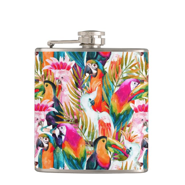 Parrots & Palm Leaves Hip Flask (Front)