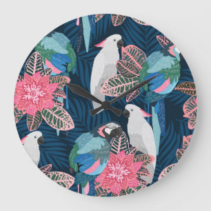 Parrots Tropical: Vintage Seamless Pattern Large Clock