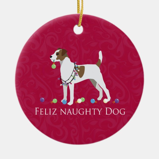 Parson Russell Terrier Feliz Naughty Dog Christmas Ceramic Tree Decoration (Front)