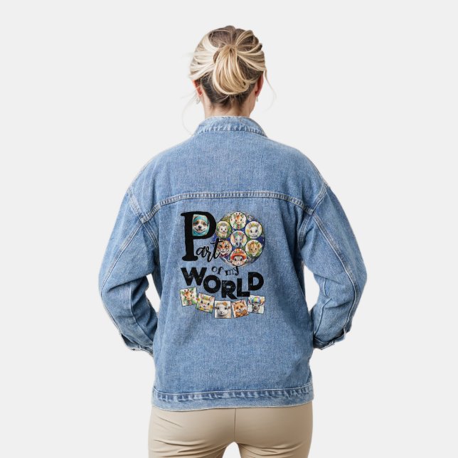 Part of My World Earth Planet Cute Animals Text Denim Jacket (Model)